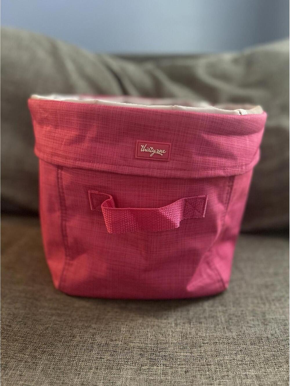 Thirty One Round Pop Up Bin Organizer In Pink Crosshatch 9.5x7.5 Inches